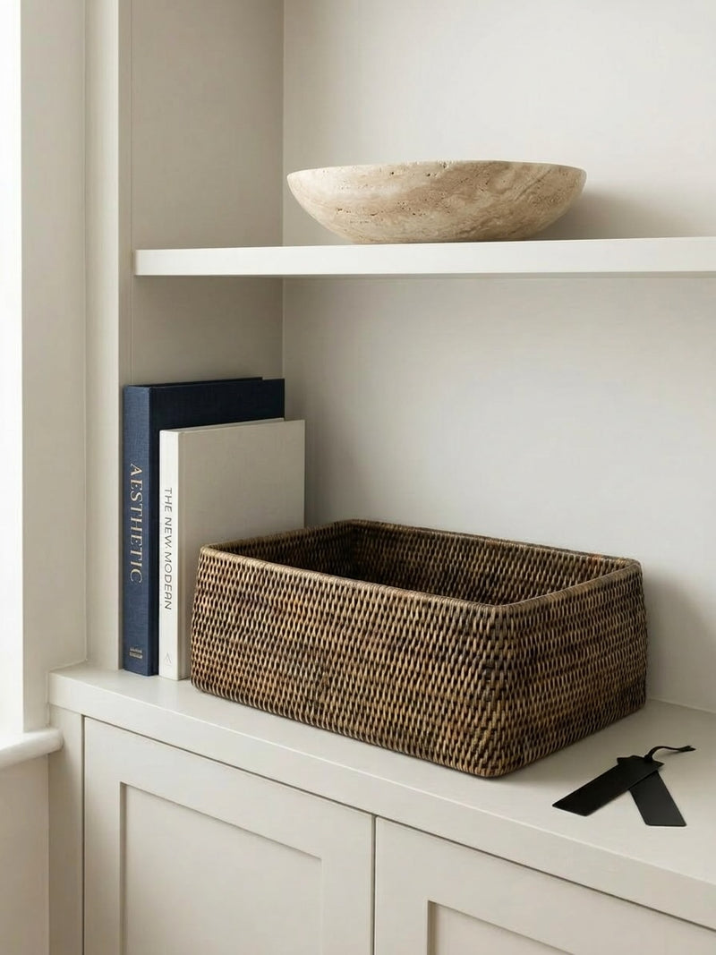 Blair antique brown rattan shelf basket handwoven rectangular storage basket with magazine on white shelving unit UK home decor