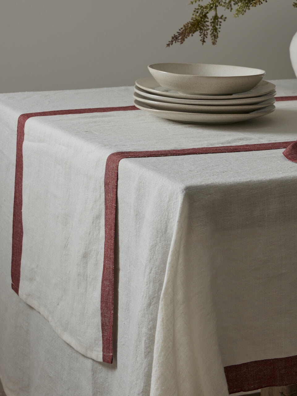 Linen Table Runner with Burgundy Trim
