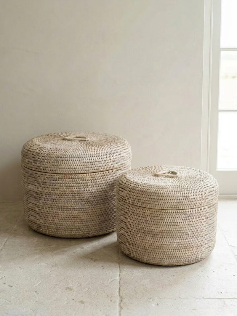 Ely Rattan Round Storage Box - White