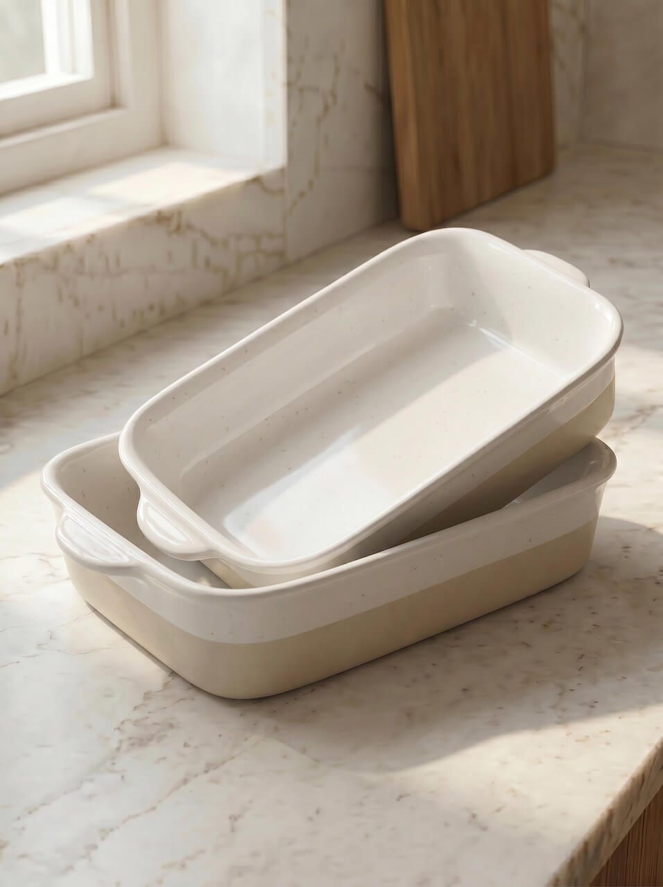 Set of two beige ceramic baking dishes on a marble countertop with natural light.