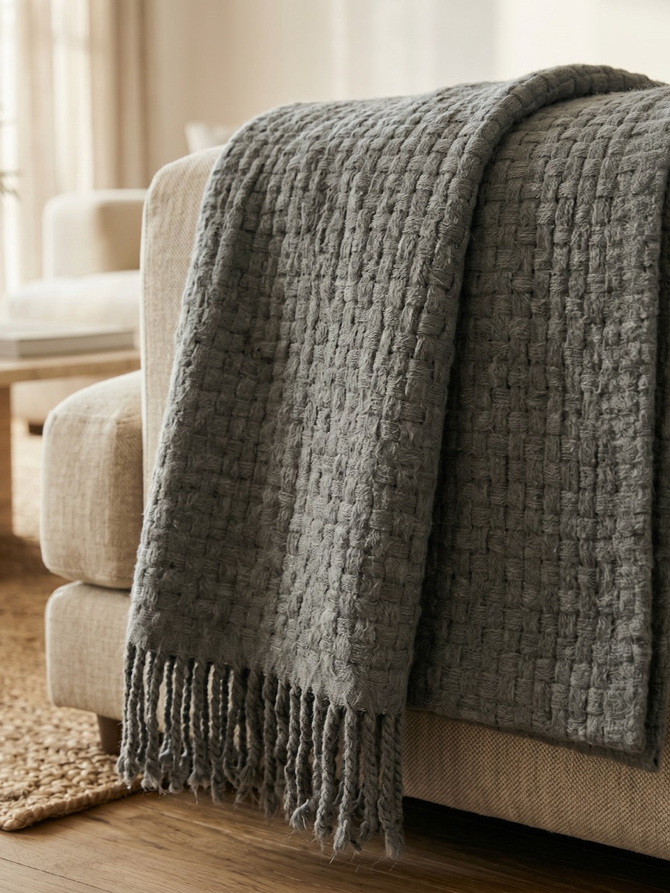 Grey Basket Weave Wool Throw