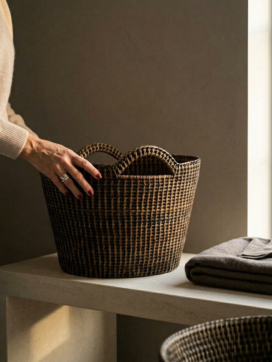 Nairn medium brown rattan bucket basket styled on a stone bench with a hand holding on to the side of it. On the bench is a folded throw, in softly lit neutral space