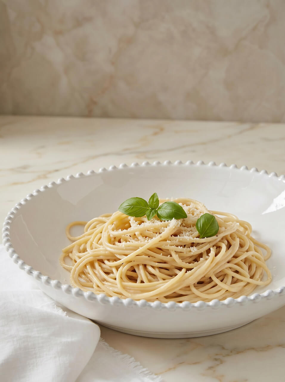 White bowl of spaghetti with green basil leaves on a marble surface