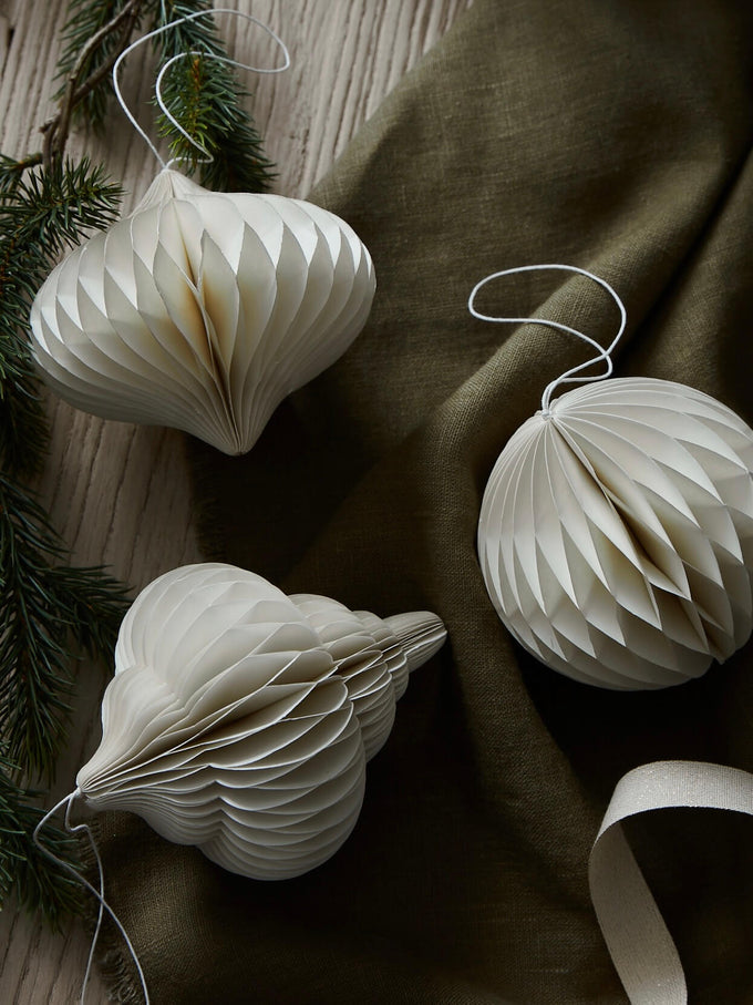 Antique White Paper Bauble Decorations - Set of 3