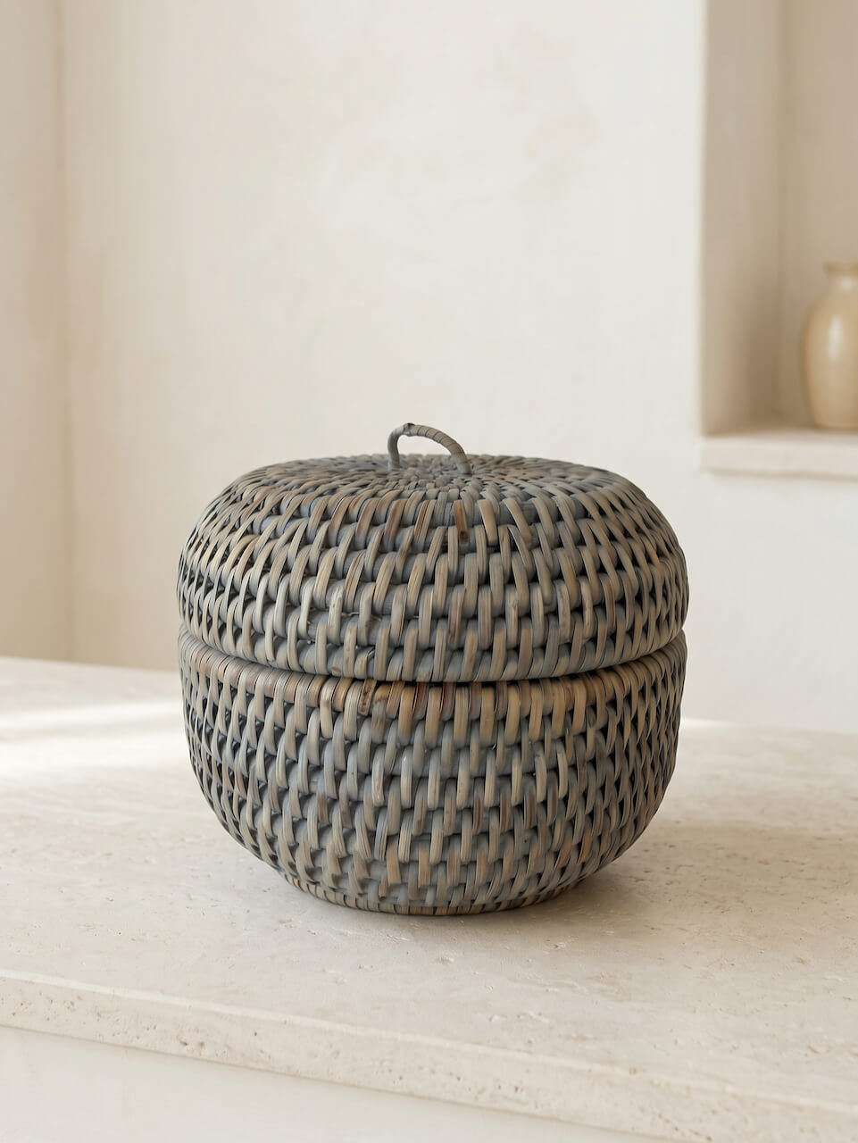 Ely Round Rattan Storage Box - Grey - Small