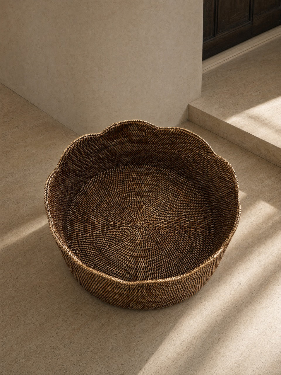 Skye Rattan Scallop Edge Basket Large - Antique Brown