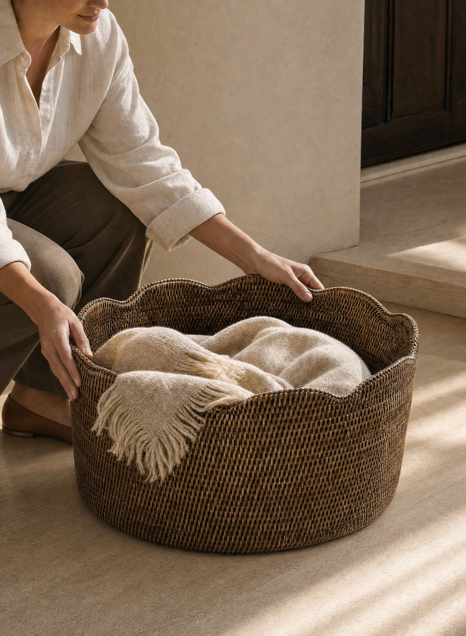 Skye Rattan Scallop Edge Basket Large - Antique Brown