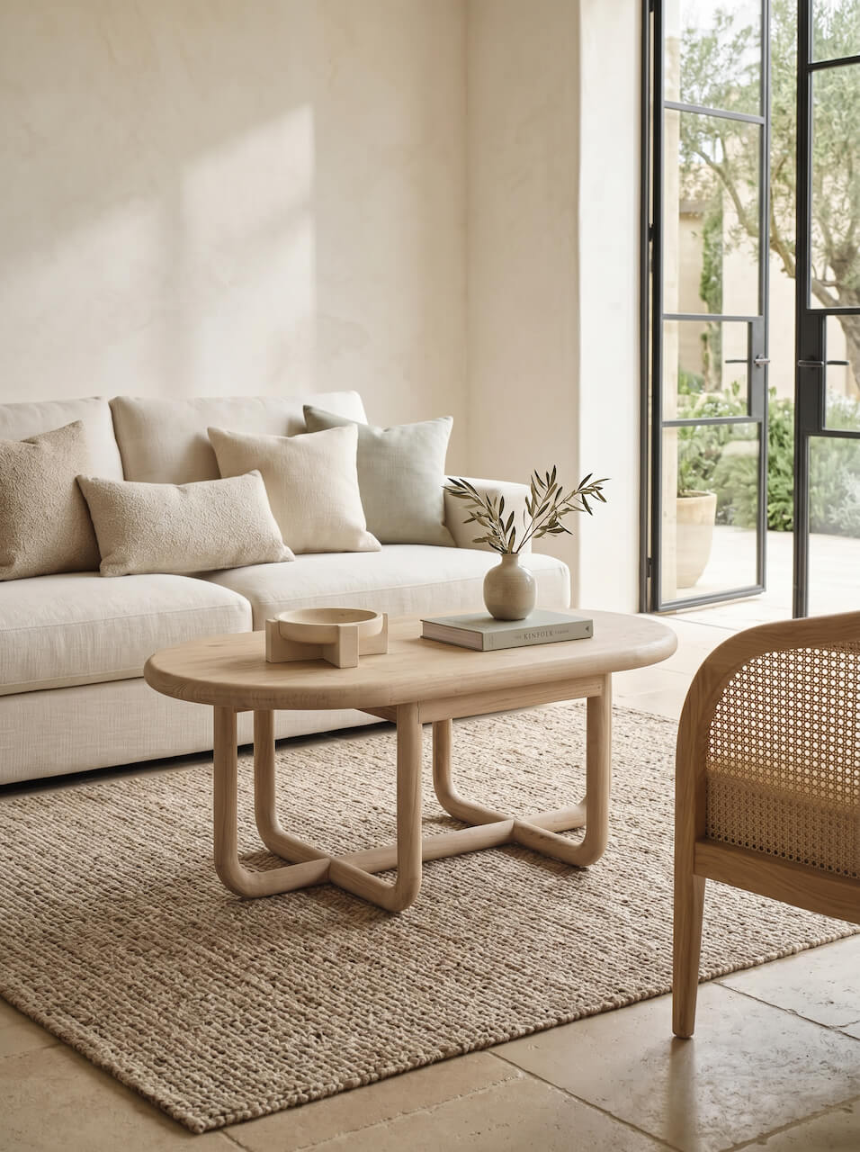 Modern living room with a beige sofa, wooden coffee table, and wicker chair.
