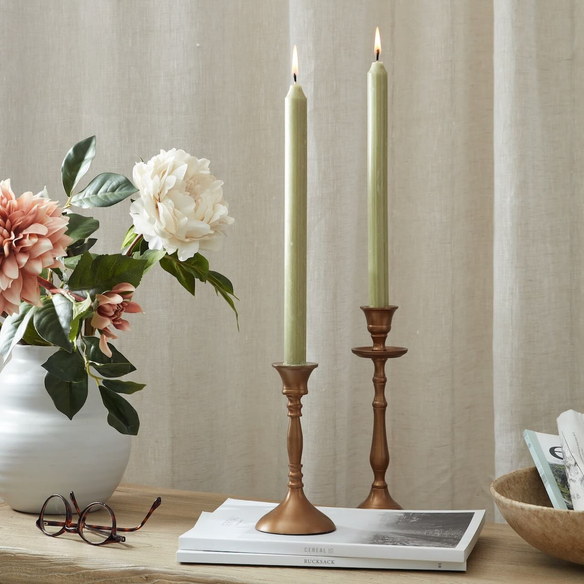 Set of 8 Moss Green Dinner Candles Layered Lounge