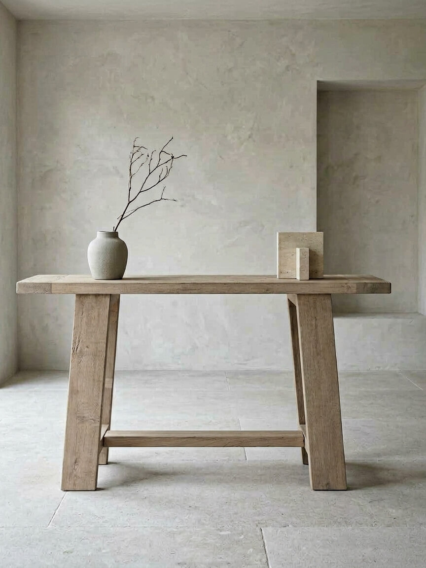 Reclaimed wood console table styled with a lamp, artwork and decorative objects in a warm neutral interior
