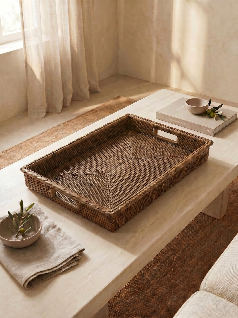 Woven rattan tray designed for serving and styling
