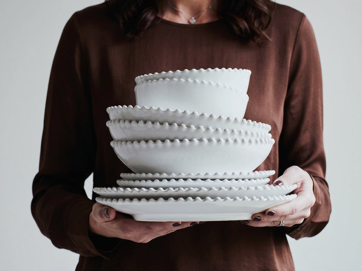 Pearl white stoneware tableware with beaded edge detail