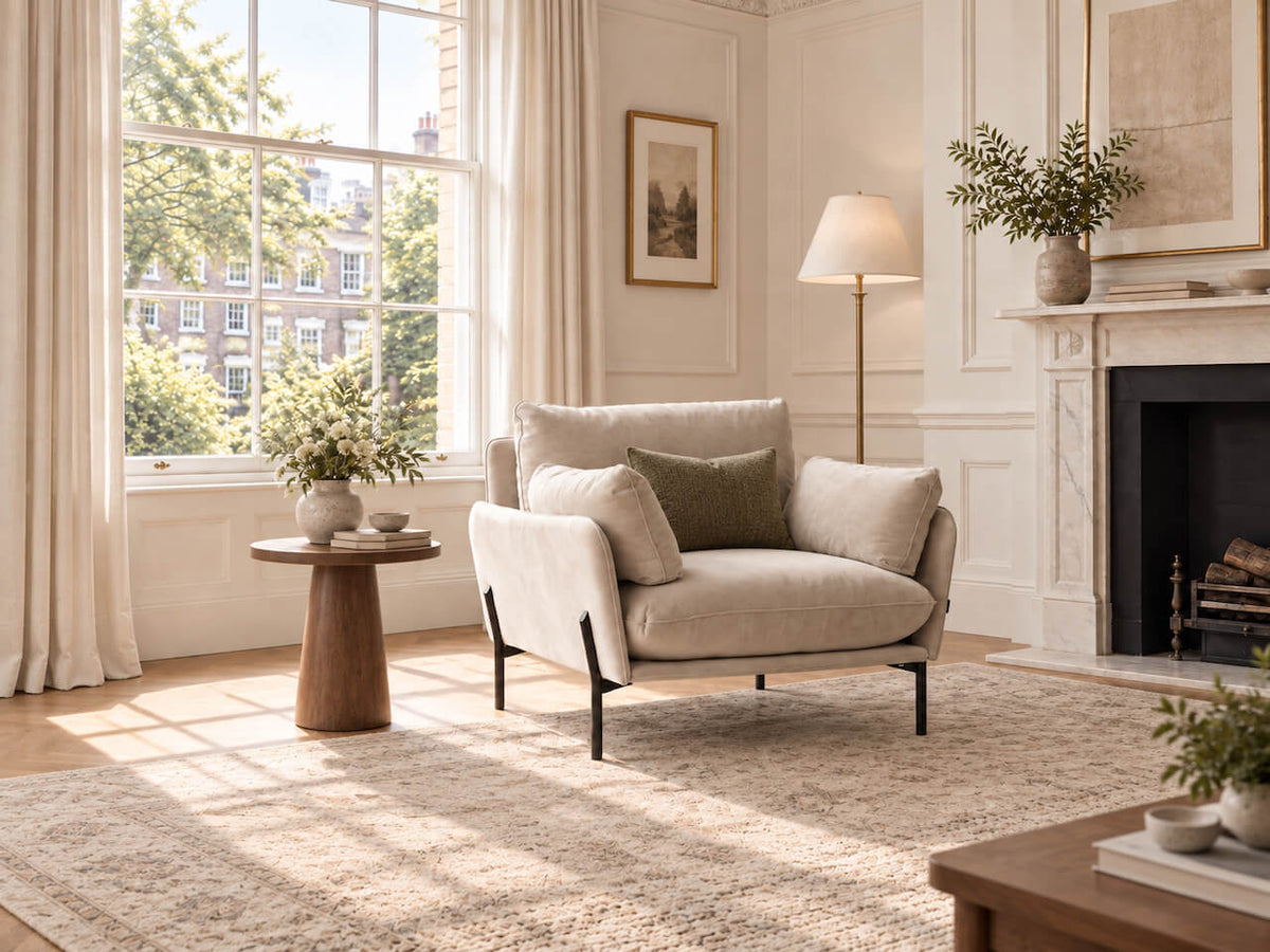 A light beige upholstered armchair with dark metal legs sits in a bright, elegant living room with cream walls, a fireplace, a window view, and a textured rug.
