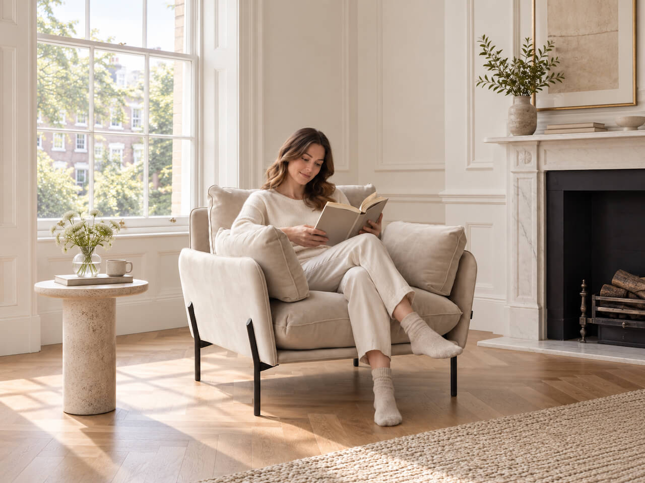 A woman in a beige lounge set sits in a cream upholstered armchair, reading a book in a bright, sunlit living room with a fireplace and wood floor.