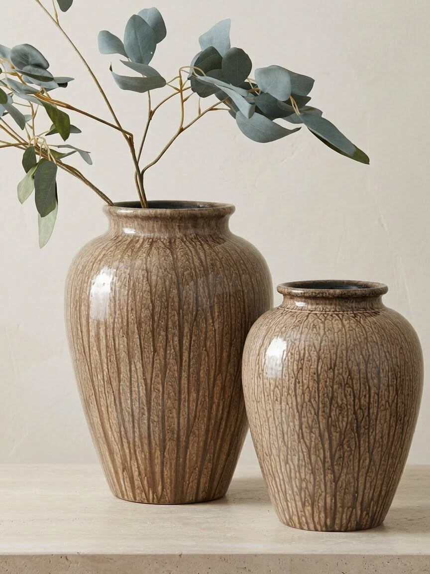 Two brown ceramic vases with a textured finish on a light surface.