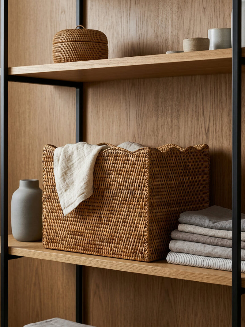 Natural rattan scalloped storage basket styled on wooden shelving with folded linens and ceramics, decorative shelf storage solution