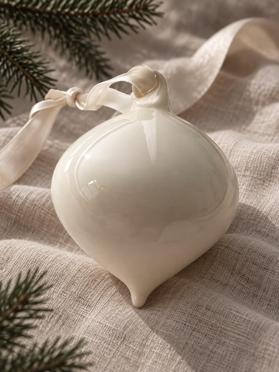 A glossy off-white ceramic Christmas ornament shaped like an onion, resting on a textured beige linen fabric with pine branches and a cream ribbon in the background.