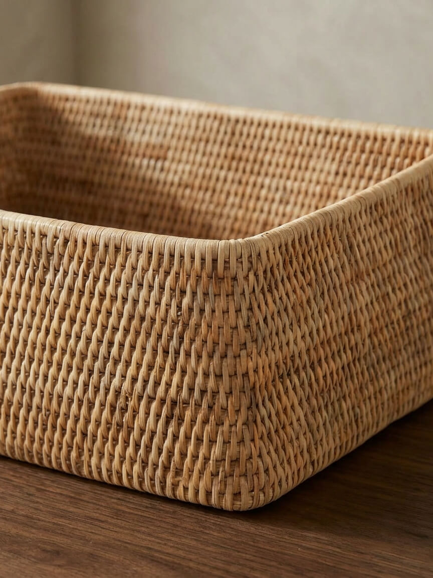 Blair natural rattan shelf basket close-up showing handwoven texture and curved edge detail, rectangular woven storage basket natural rattan UK home decor