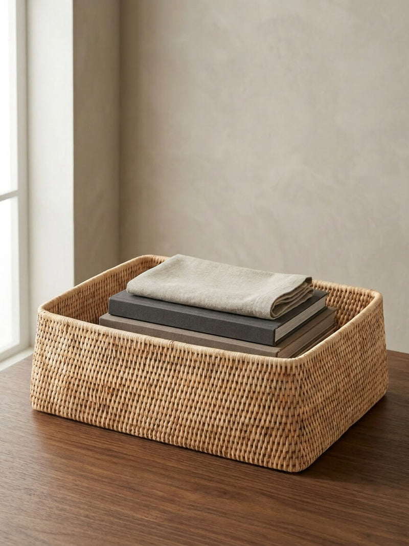 Blair natural rattan shelf basket styled on wooden shelf with books and folded linen, rectangular woven storage basket for shelving organisation UK home interior