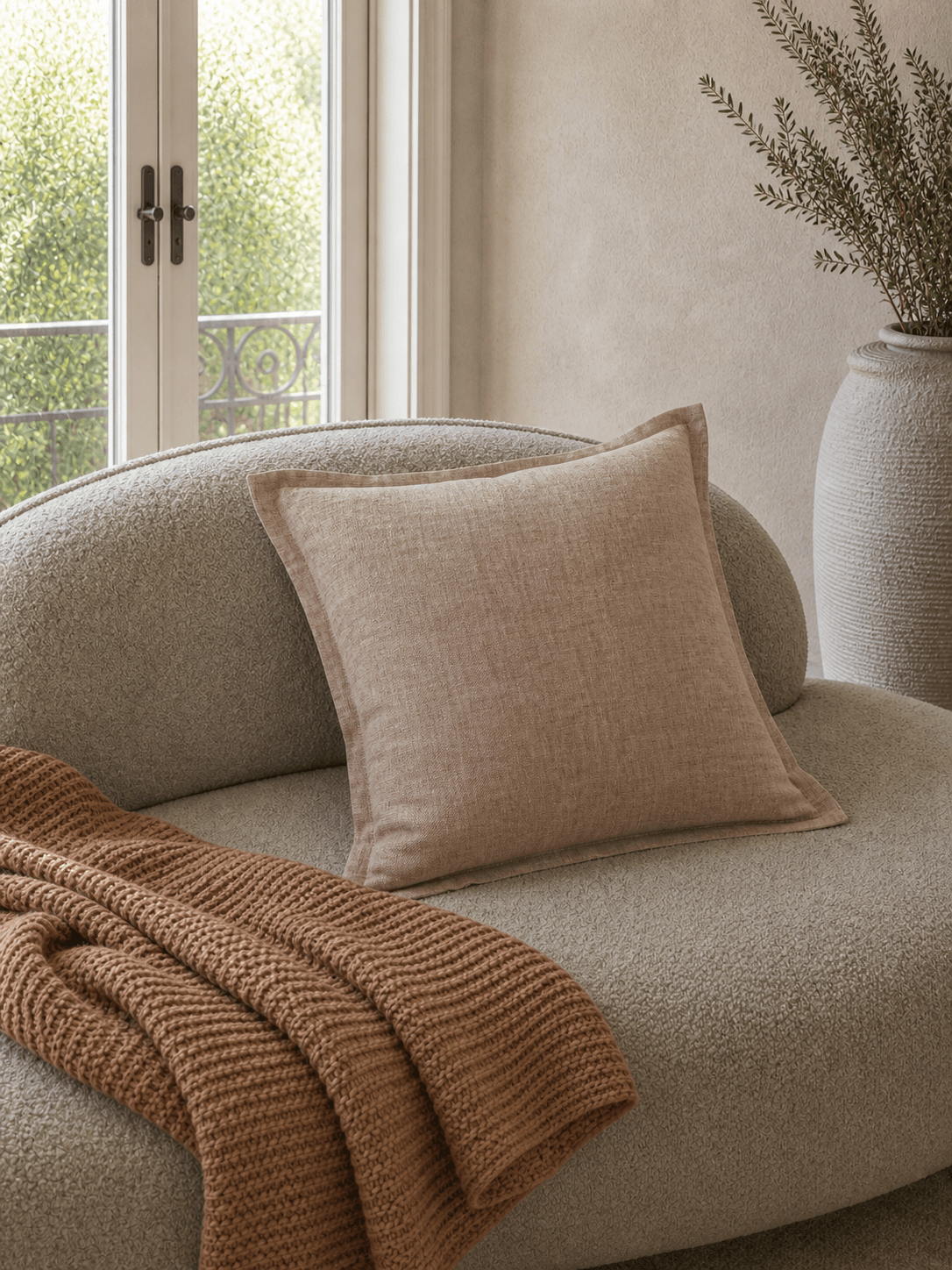 Luxury caramel cotton linen cushion cover styled on a textured boucle armchair with a warm knitted throw in a soft neutral contemporary interior.
