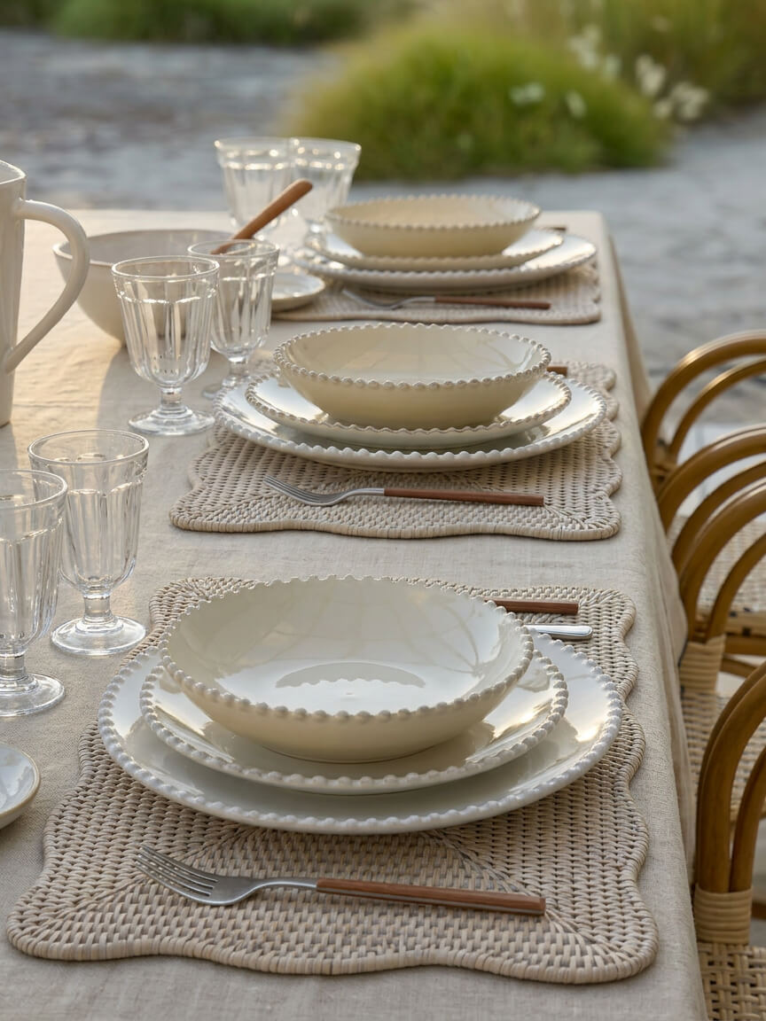 White rattan scalloped placemats Ceres set styled with ceramic plates and glassware on linen table, neutral outdoor dining table setting UK