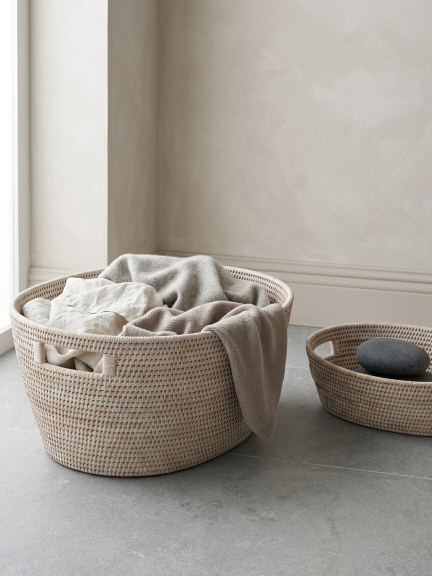 Pair of pale natural rattan storage baskets with cut-out handles, styled with neutral textiles in a modern warm-toned interior.