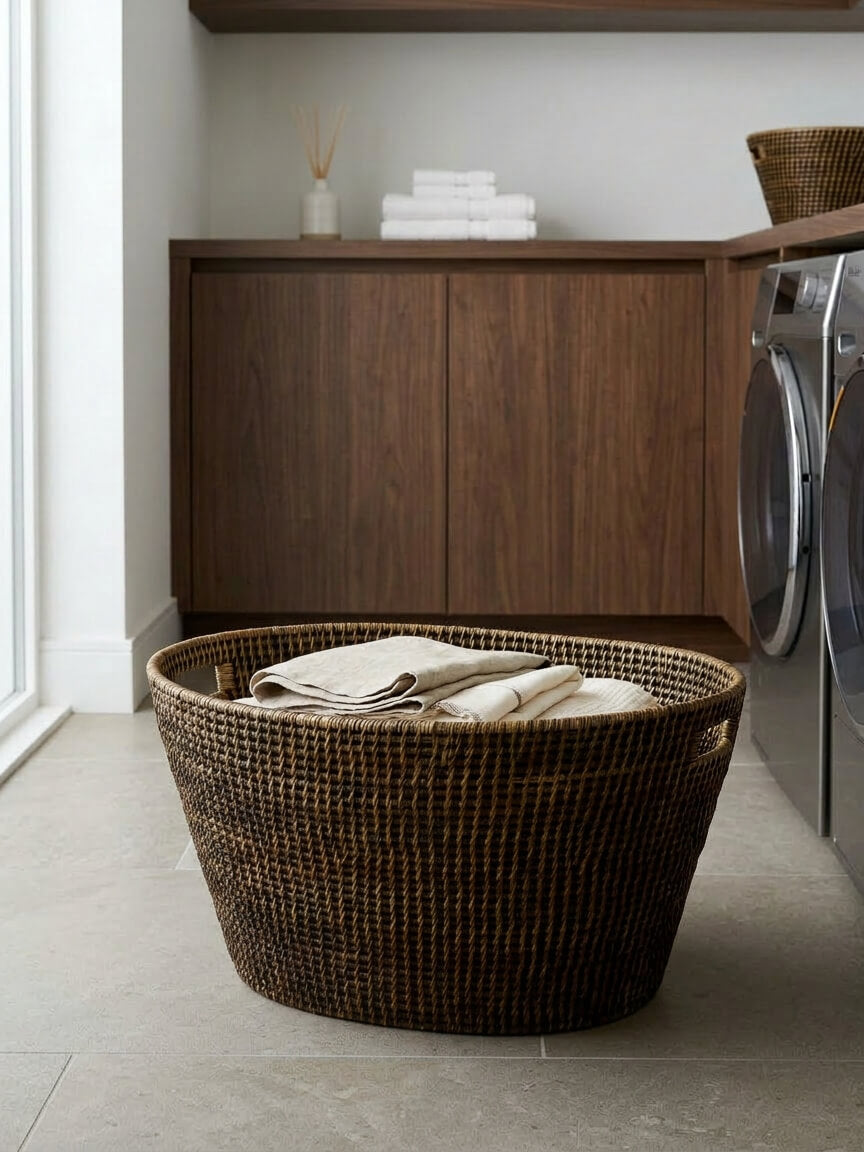 Cesta large antique brown rattan laundry basket with folded linens in modern utility room, woven storage basket neutral UK home decor