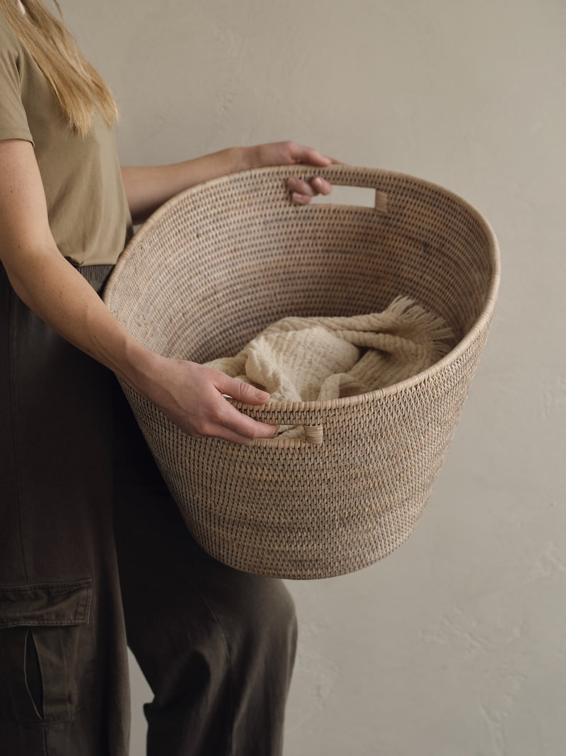 Set of brown rattan storage baskets Cesta in small, medium and large sizes, woven laundry and storage baskets neutral UK home styling
