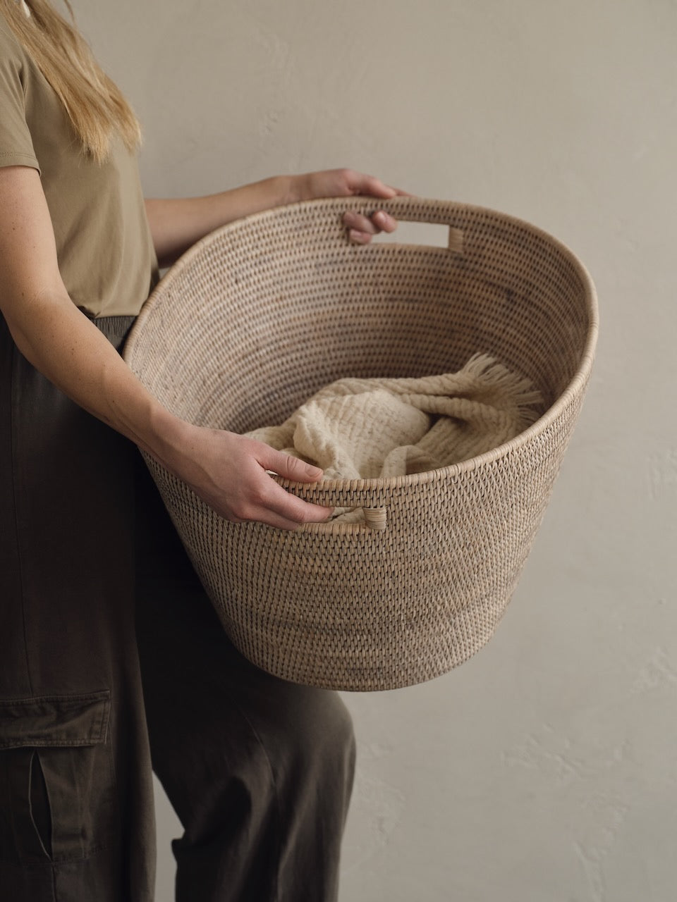 Set of brown rattan storage baskets Cesta in small, medium and large sizes, woven laundry and storage baskets neutral UK home styling
