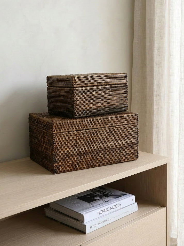 Antique brown rattan storage boxes with lids, handwoven rectangular storage boxes for shelves and home organisation