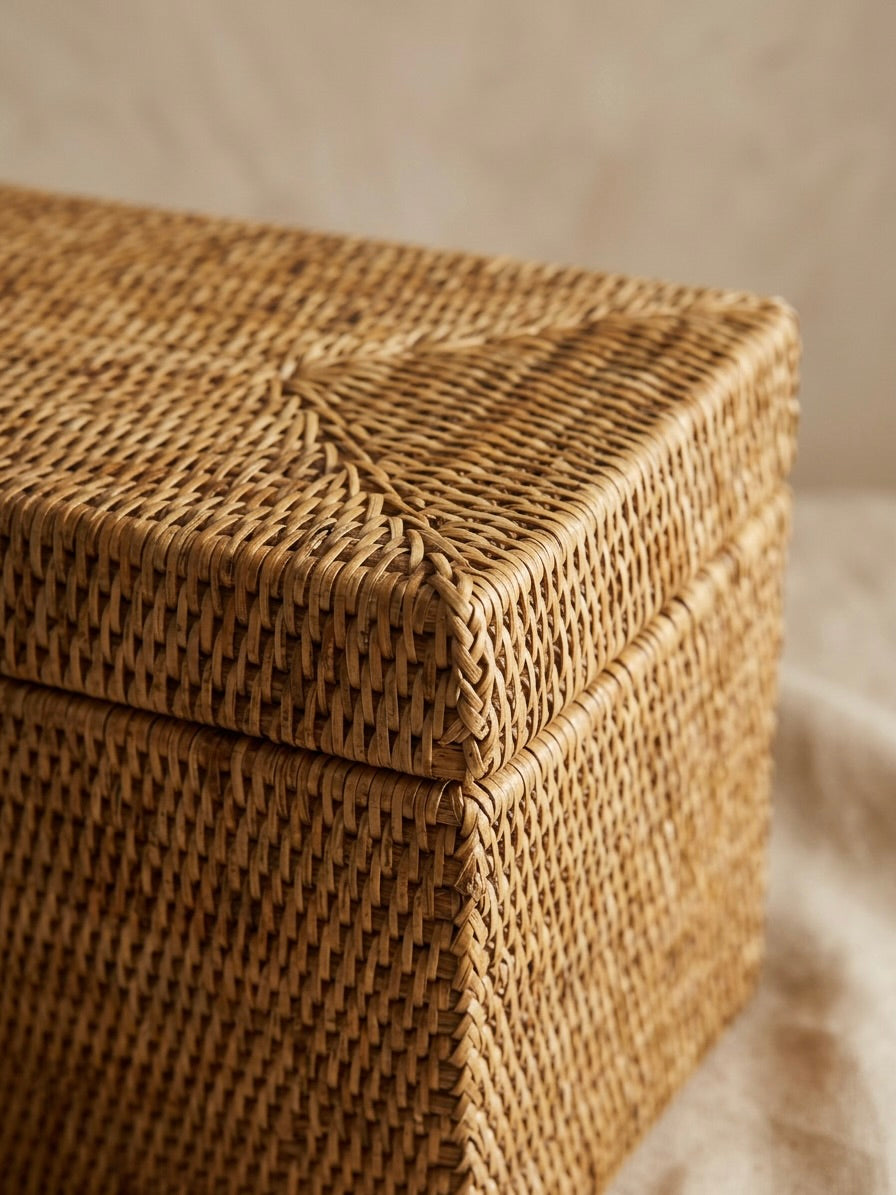 close-up of natural handwoven rattan storage box with lid, showing detailed weave and structured corner finish