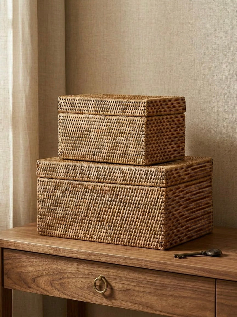 natural rattan storage boxes stacked on wooden console table in a neutral interior, styled for elegant home organisation
