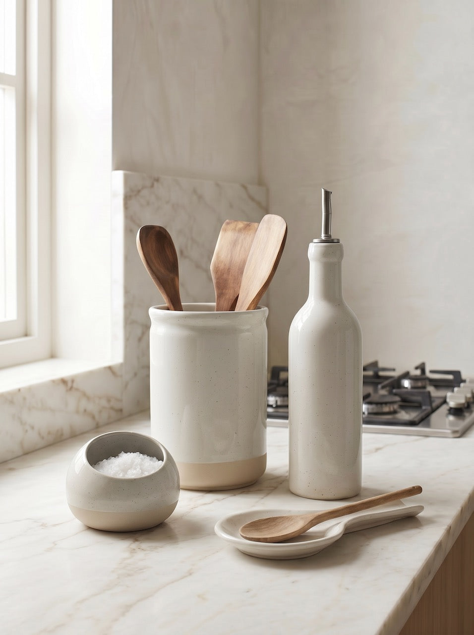 Kitchen counter with ceramic containers, wooden spoons, and a salt cellar.