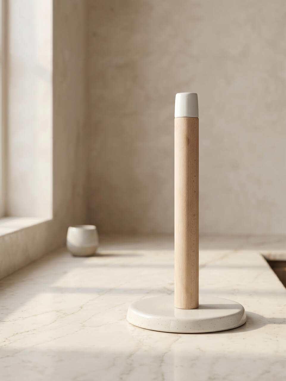 Minimalist wooden and ceramic kitchen roll holderon a light surface with a neutral background