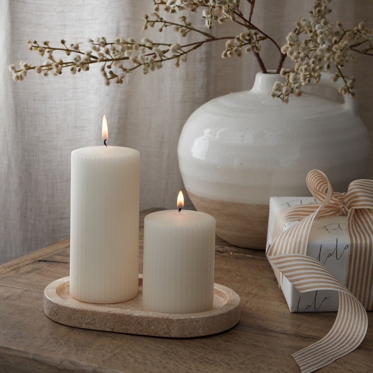 Set of 2 Ivory Ribbed Pillar Candles