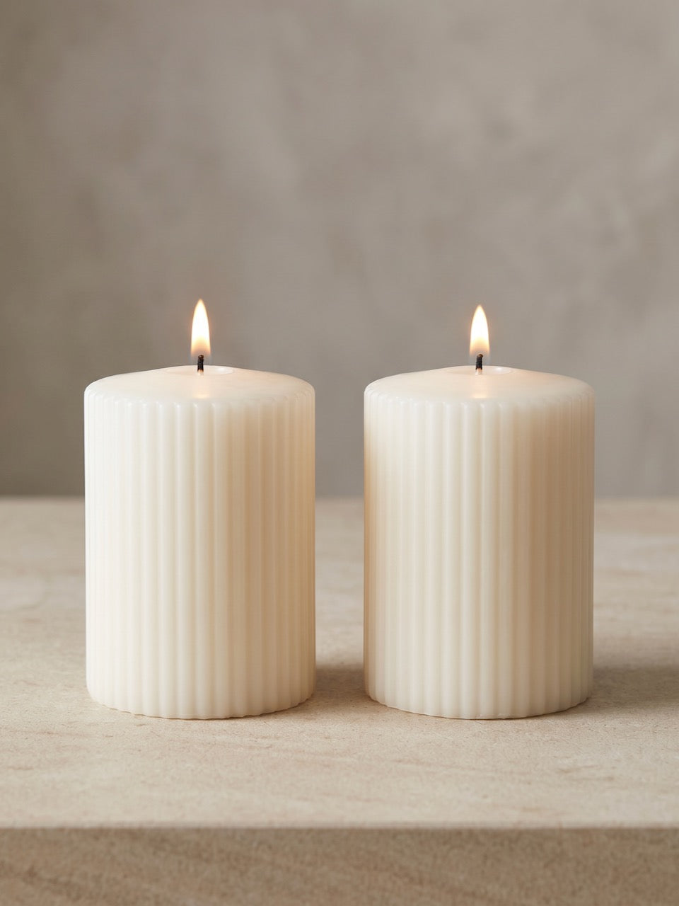 Set of 2 Ivory Ribbed Pillar Candles
