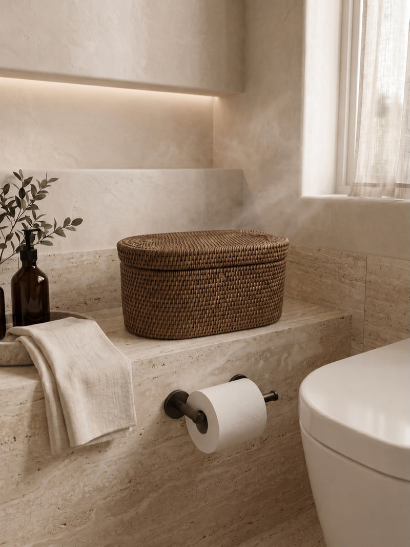 Bathroom with Jarra rattan basket toilet paper holder on a stone shelf.