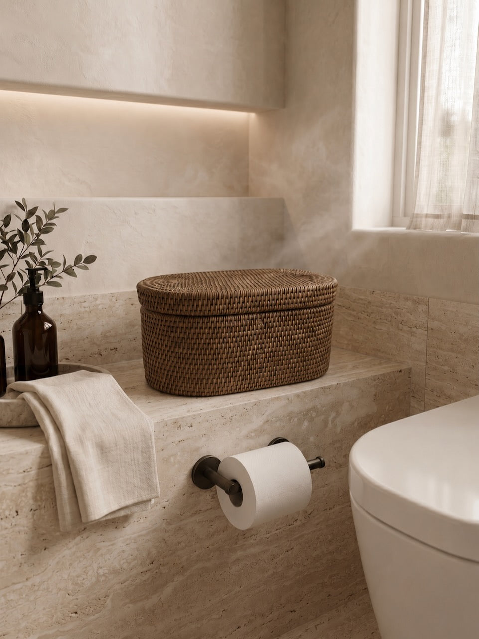 Bathroom with Jarra rattan basket toilet paper holder on a stone shelf.