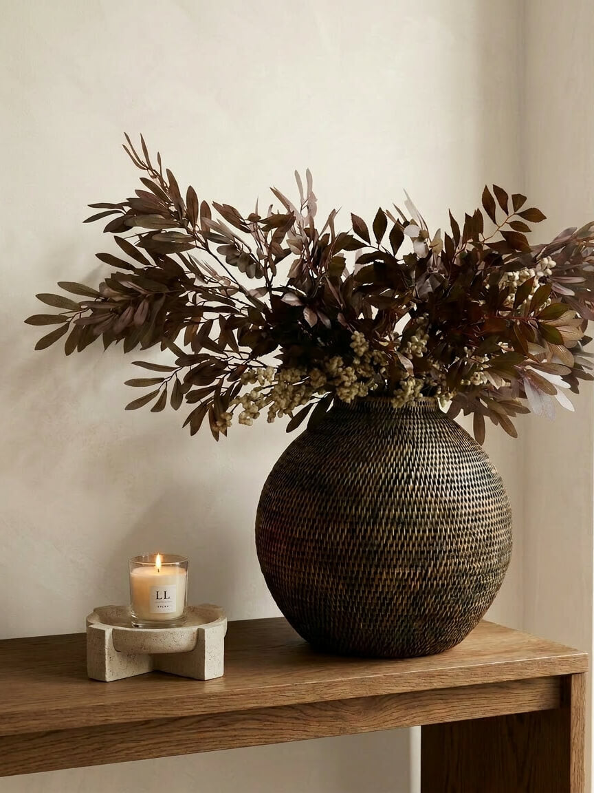 antique brown rattan vase styled with faux foliage on a wooden console table in a neutral living room