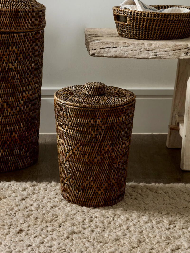 Lavan Rattan Lidded Waste Paper Basket - Antique Brown