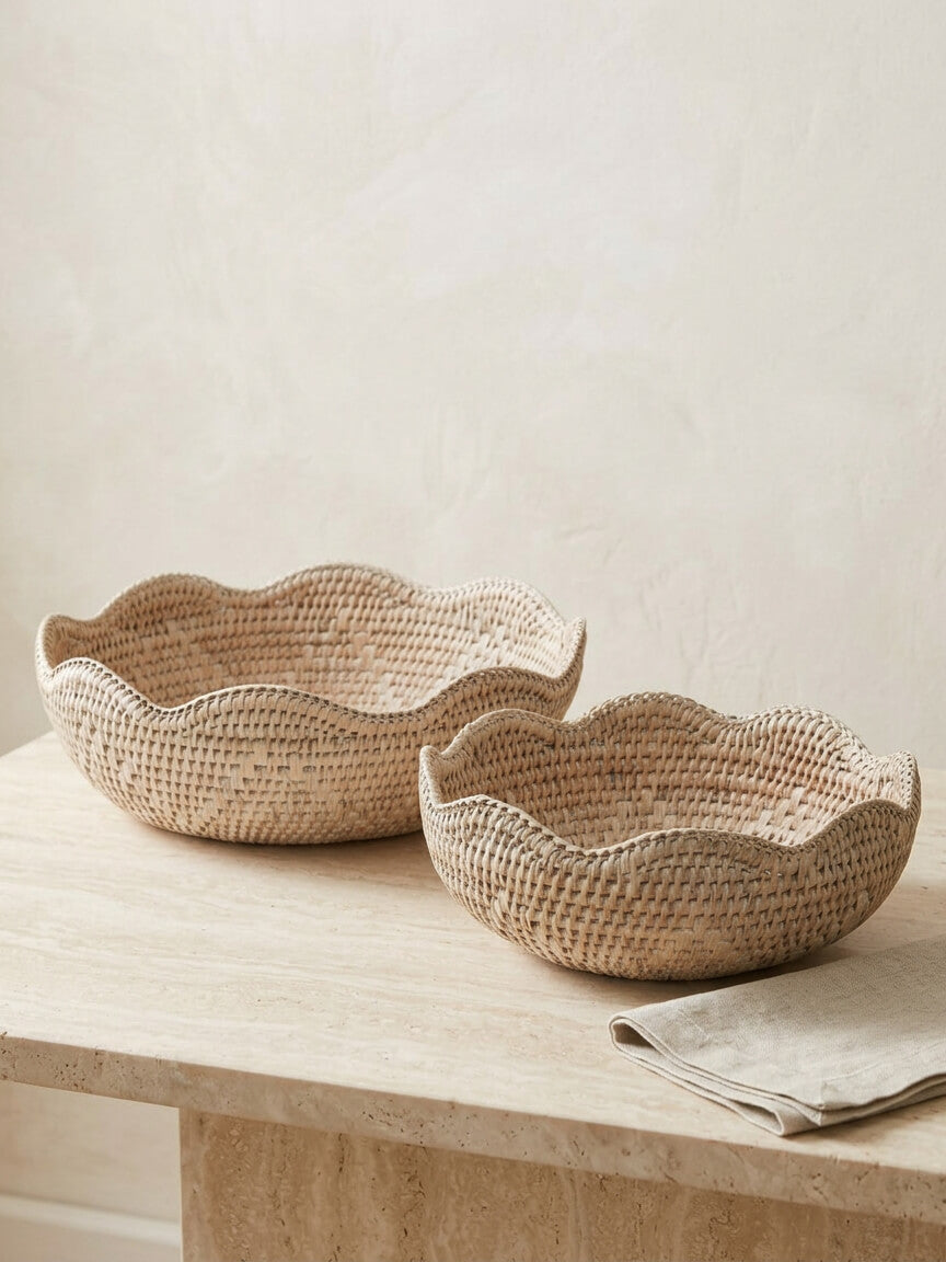 Roslin Rattan Scallop Edge Bowl - White