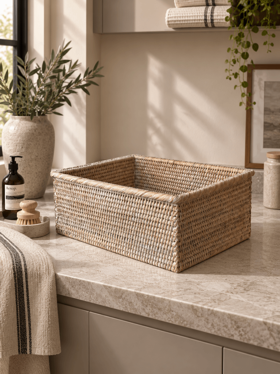 A rectangular woven storage basket in a white wash  colour sits on a light stone bathroom counter, surrounded by home decor items like a soap dispenser, a wooden brush, and a striped towel.