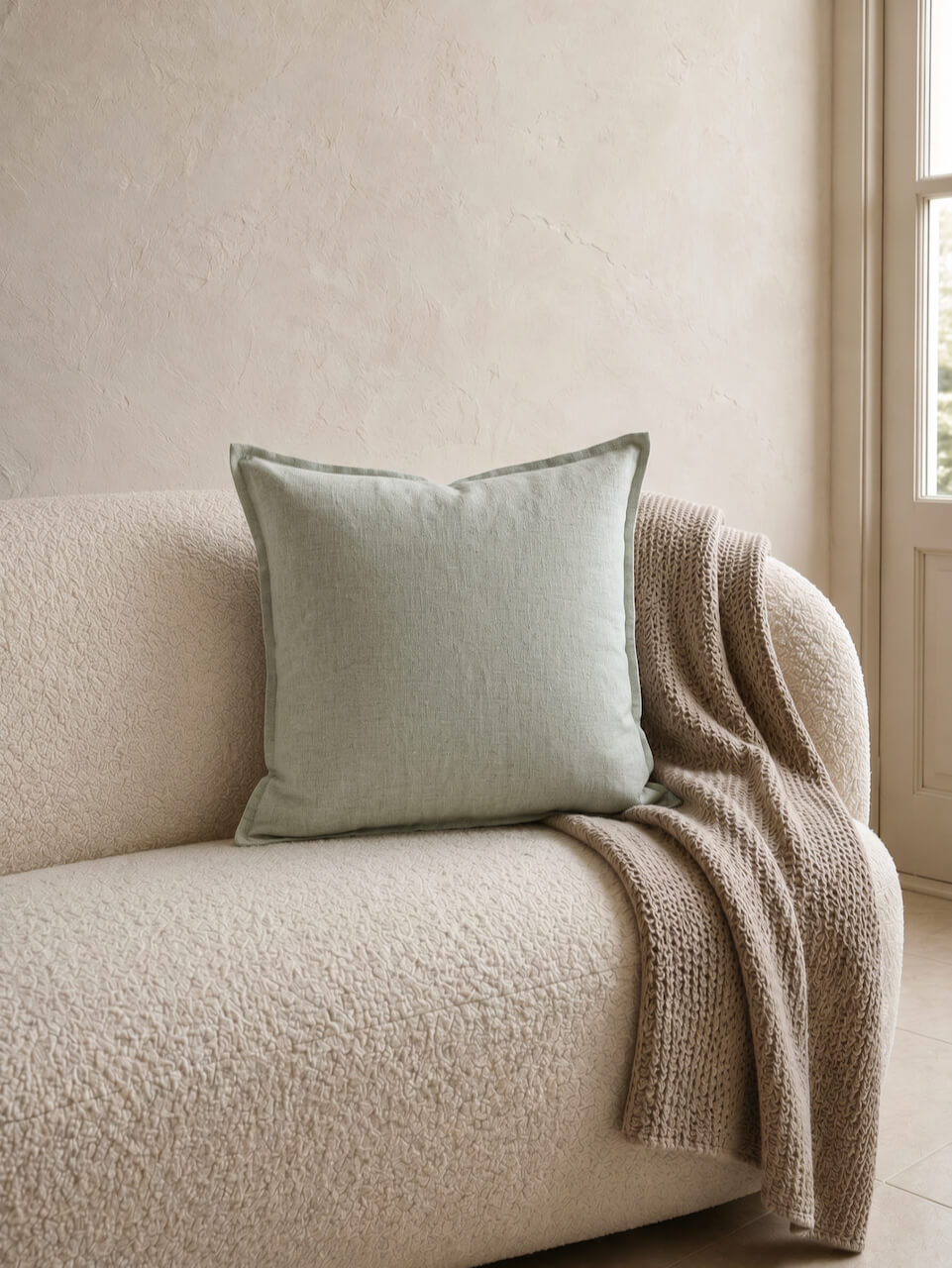 Luxury sage green cotton linen cushion cover styled on a textured boucle sofa with a soft knitted throw in a calm contemporary interior.