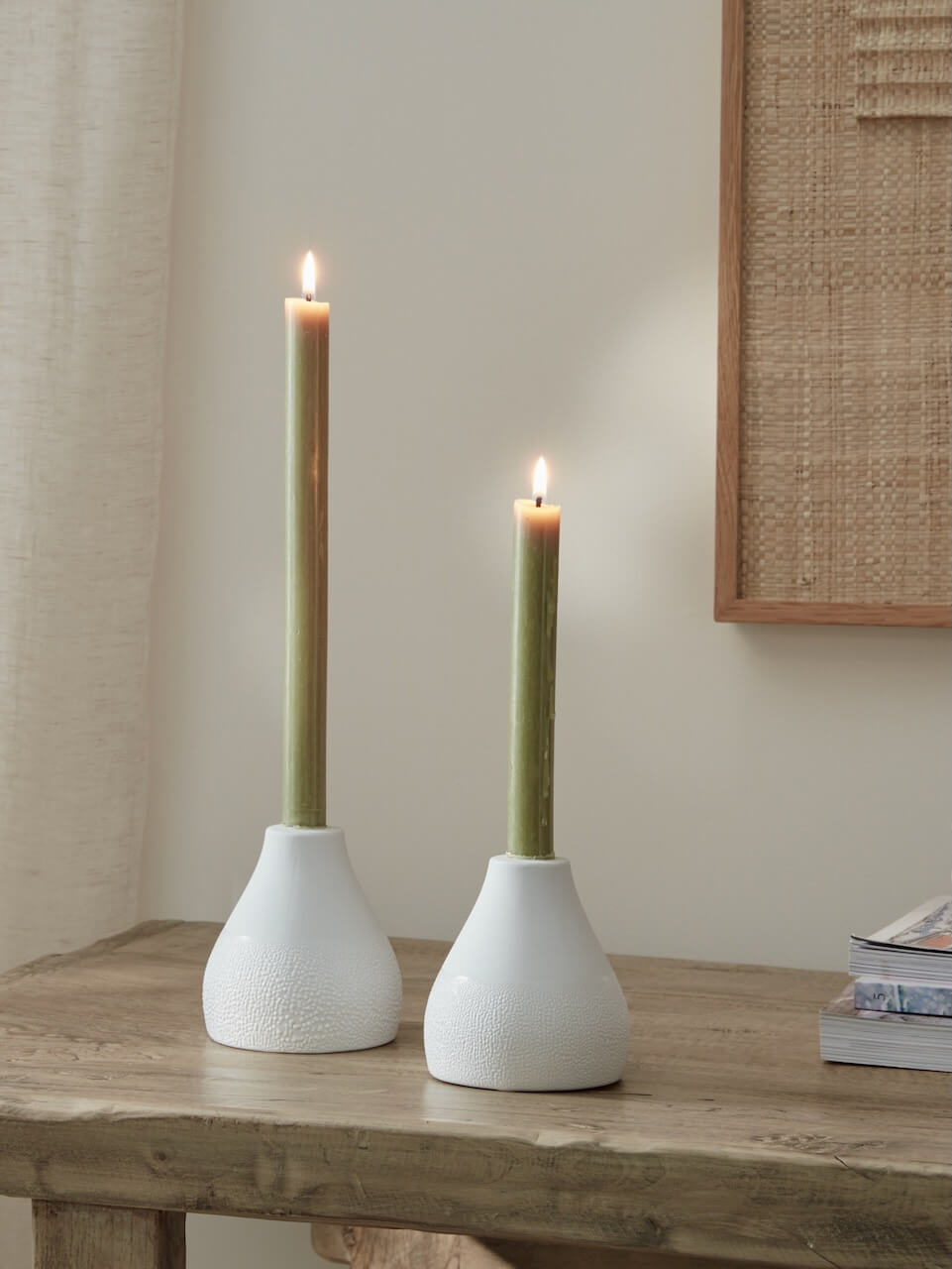 Set of 2 Textured White Candle Holder Short
