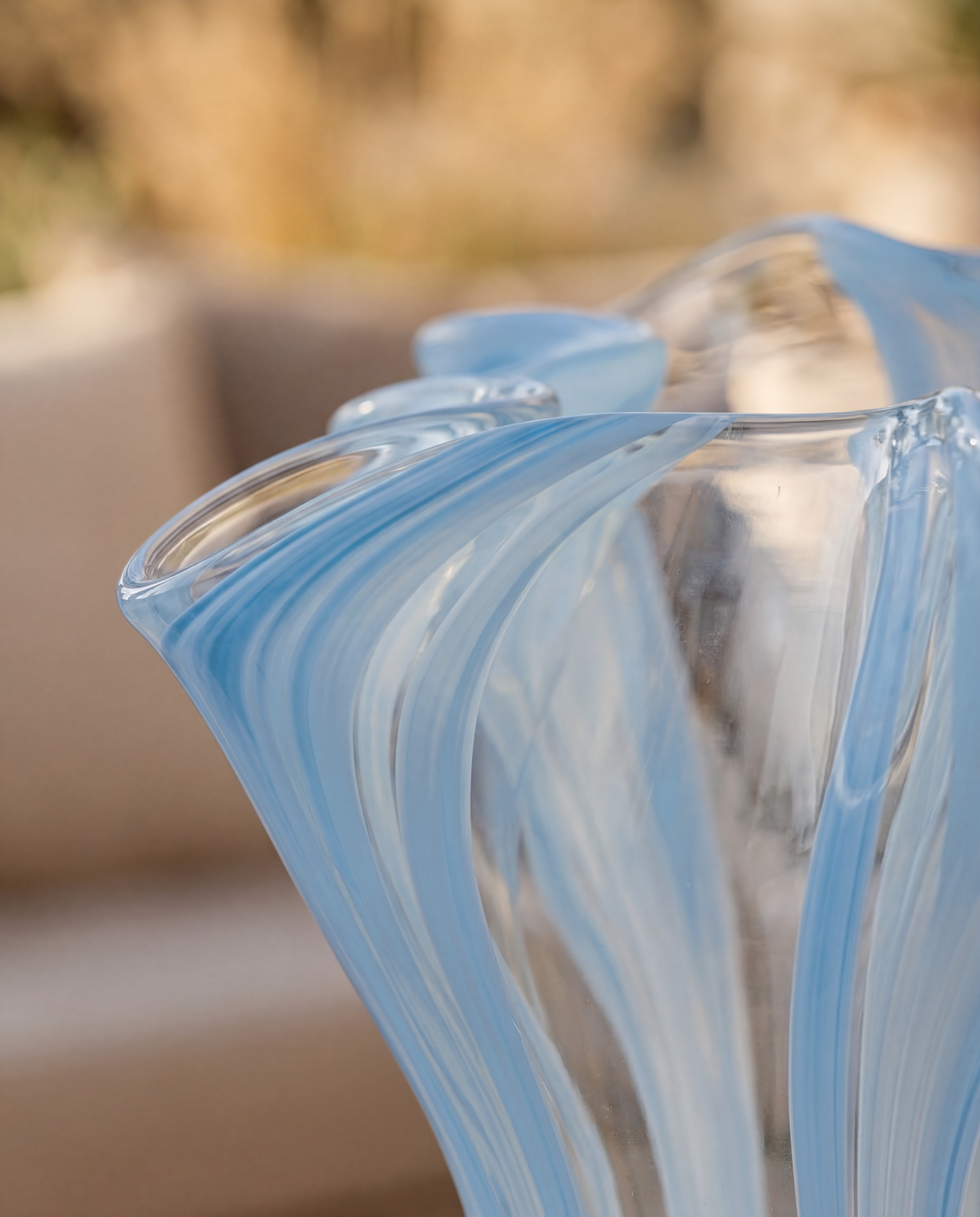 Blue Striped Handblown Glass Tea Light Holder - Set of 2