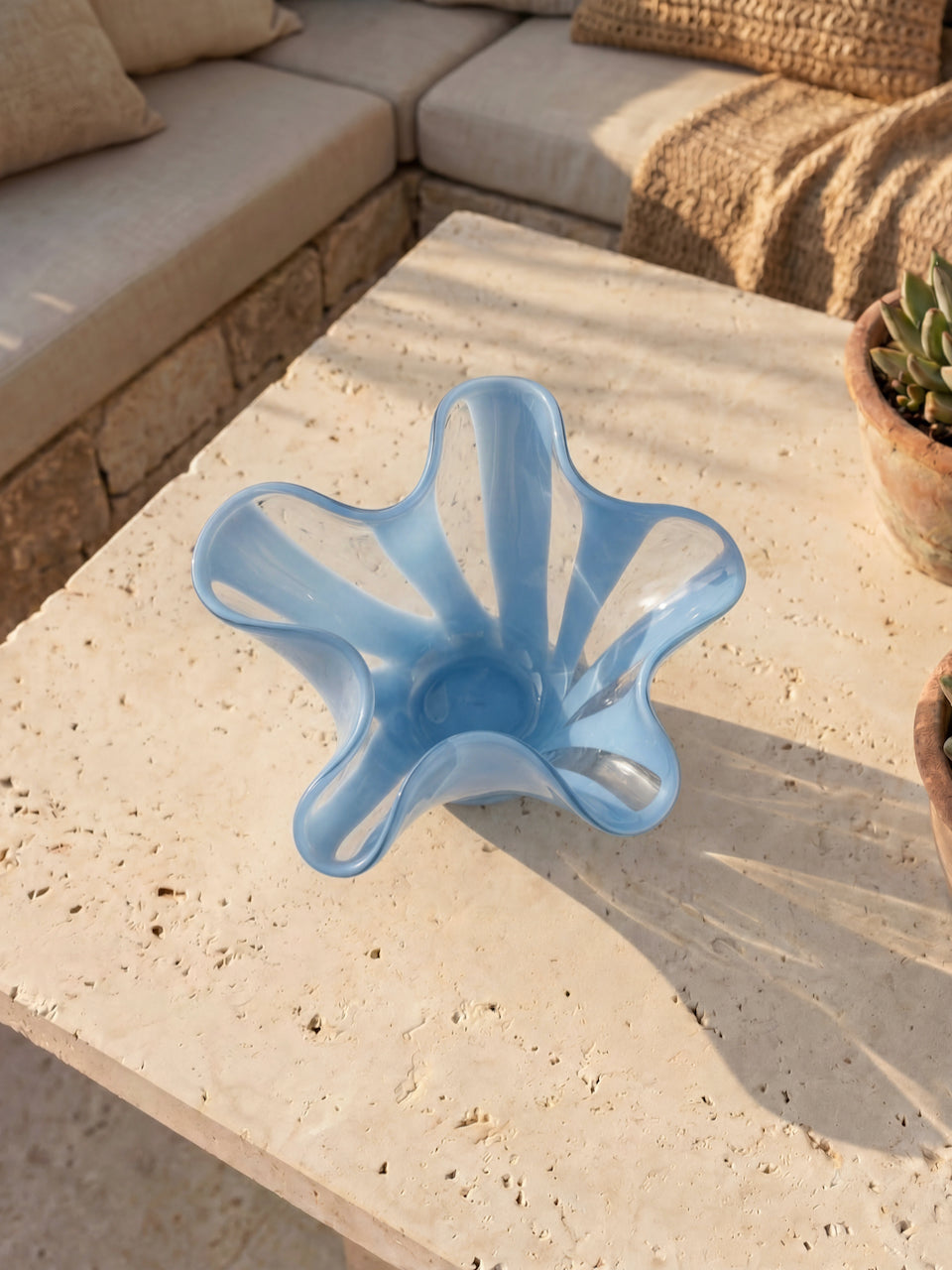 Blue Striped Handblown Glass Tea Light Holder - Set of 2