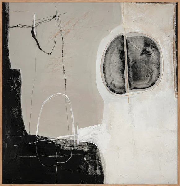 Minimalist abstract wall art in neutral tones, featuring black and off-white shapes with delicate linework and oak frame.