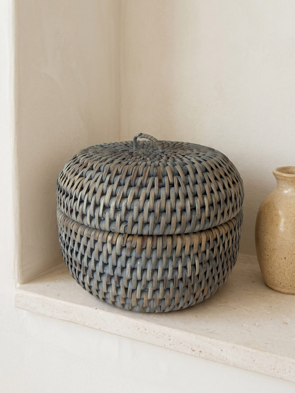 Ely Round Rattan Storage Box - Grey - Small
