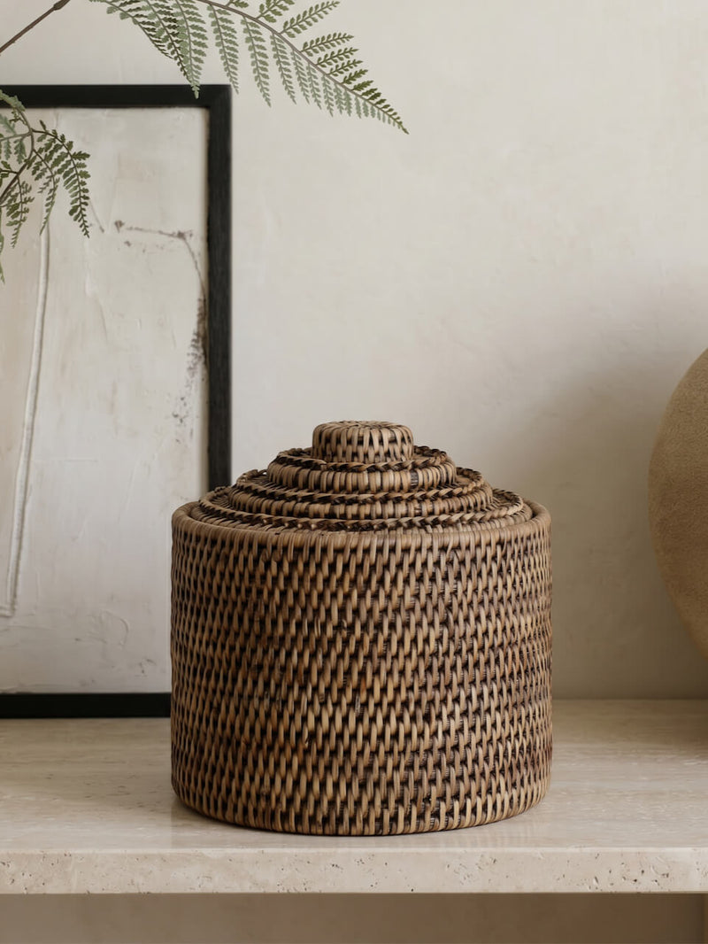 Leith Rattan Medium Lidded Storage Box - Antique Brown