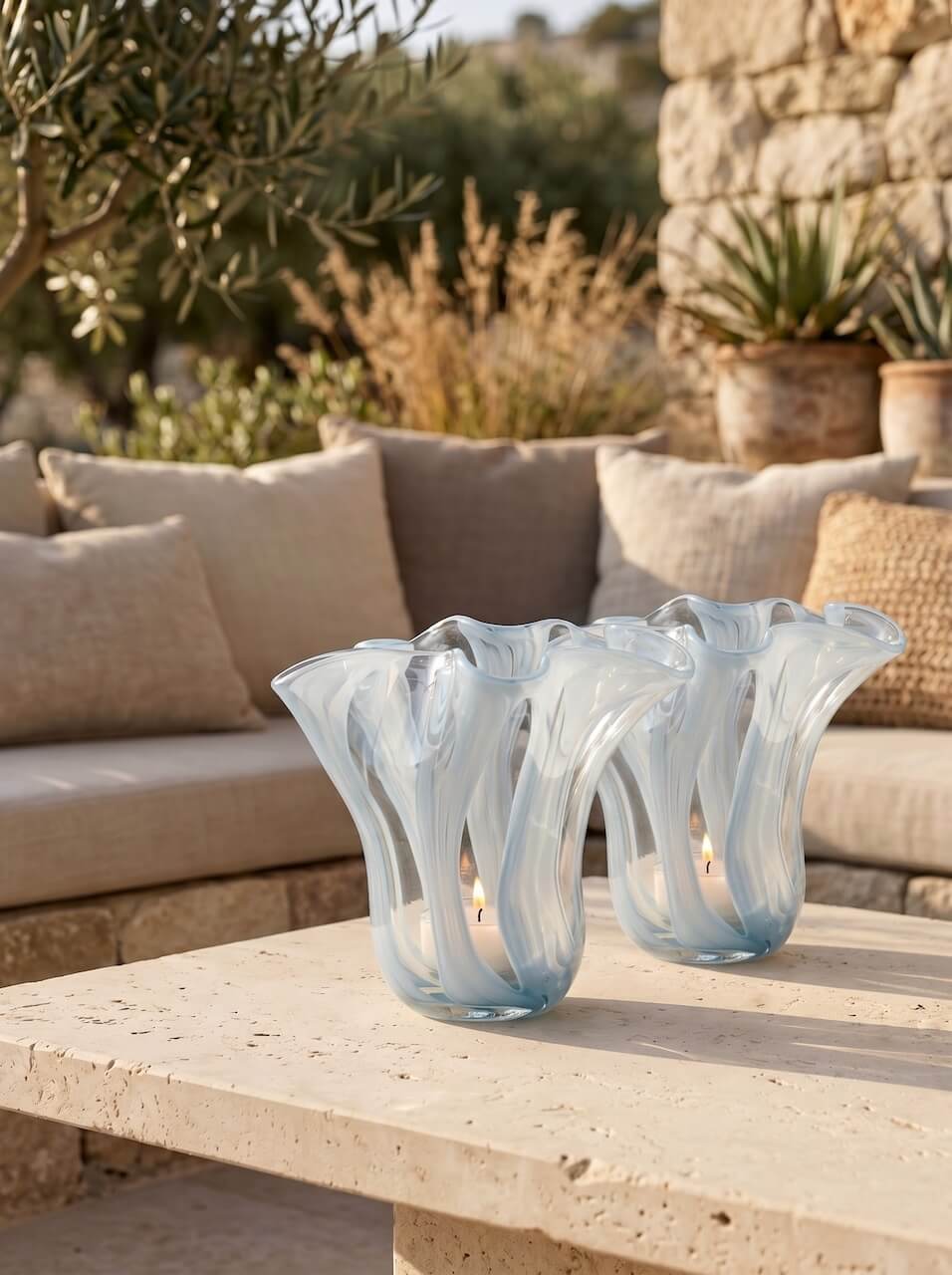 Blue Striped Handblown Glass Tea Light Holder - Set of 2